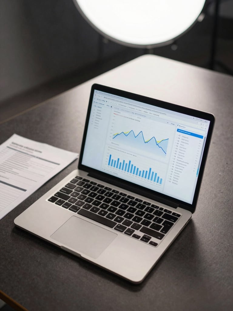 Close overhead shot of a laptop on a dark conference table displaying an analytics dashboard with performance metrics and line graphs, a printed strategy brief partially visible to the side, soft studio strobe lighting from above, no visible faces, clean professional workspace environment
