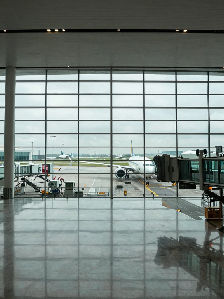 Wide panoramic view looking down a modern airport terminal concourse, gates receding into the distance on both sides, cool overcast daylight flooding through floor-to-ceiling windows, a single aircraft visible at a jet bridge to the right third of the frame, expansive polished floor reflecting the structural ceiling grid, no people