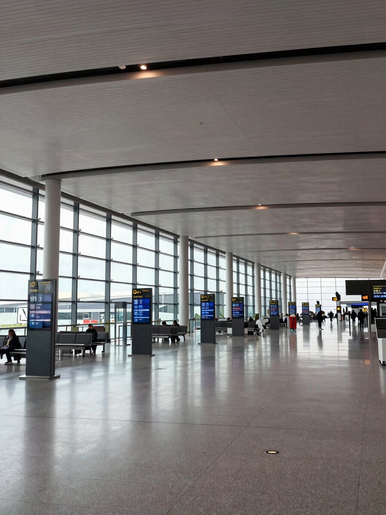Wide panoramic view inside a modern international airport terminal, looking down a long concourse with floor-to-ceiling windows and gate signage receding into the distance, overcast diffused daylight, no people visible, shot from a low angle emphasising the architectural scale and structural grid of the ceiling