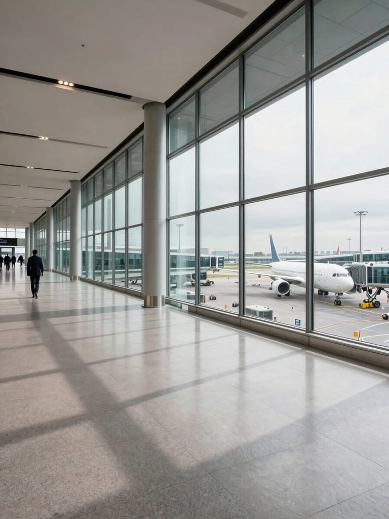 Wide panoramic view inside a contemporary international airport terminal, looking down an empty concourse corridor — floor-to-ceiling glass walls on the right revealing a grey overcast sky and aircraft stands, structural columns casting long parallel shadows across polished stone flooring, a lone executive figure in a dark suit visible in the far left third walking away, soft diffused overhead studio lighting, no signage or text visible, clean geometric architecture