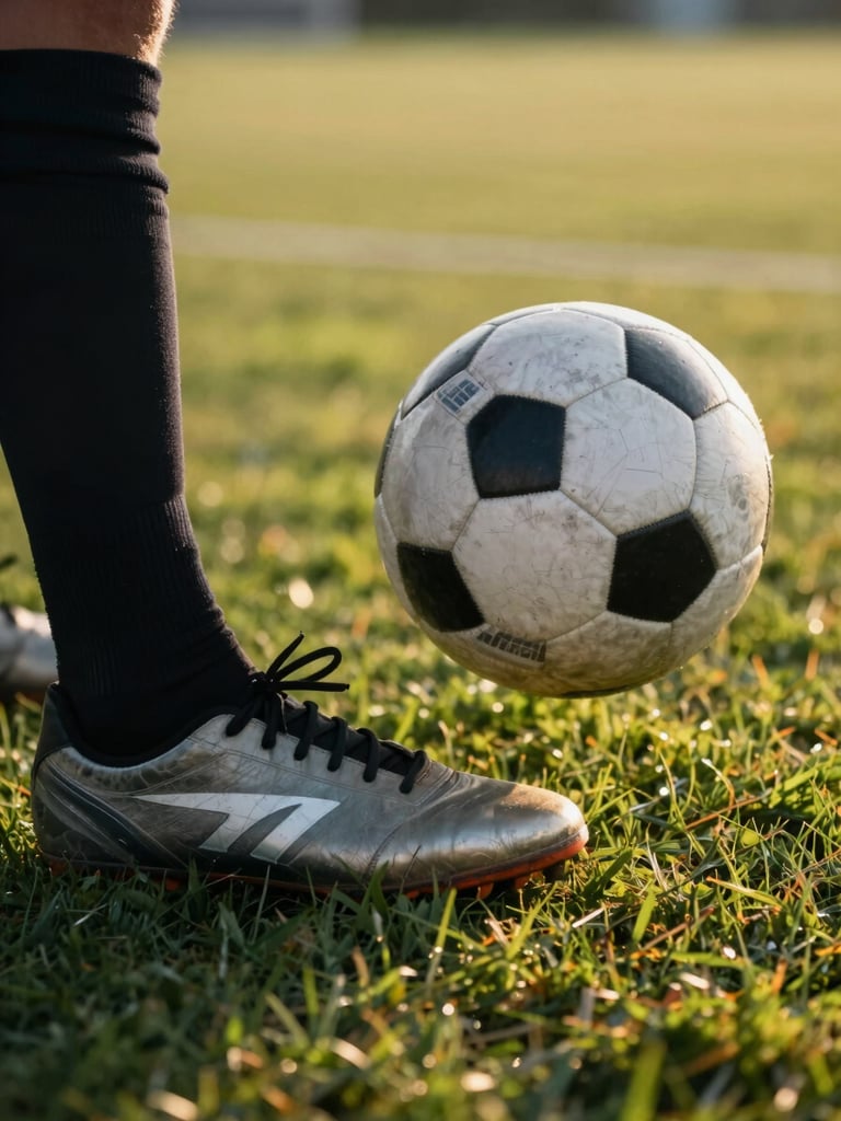 Close-up field-level shot of a player's boot making precise contact with a soccer ball on a grass training ground, golden-hour side light illuminating the ball and laces, shallow depth of field
