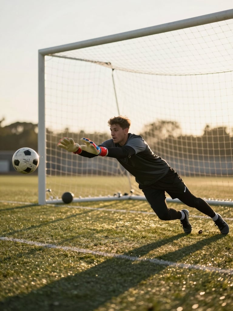 Close medium shot at field level, goalkeeper in full dive to the left post, gloved hands meeting the ball, goal frame visible in background, golden-hour sidelight casting long shadow across turf, motion blur on the ball