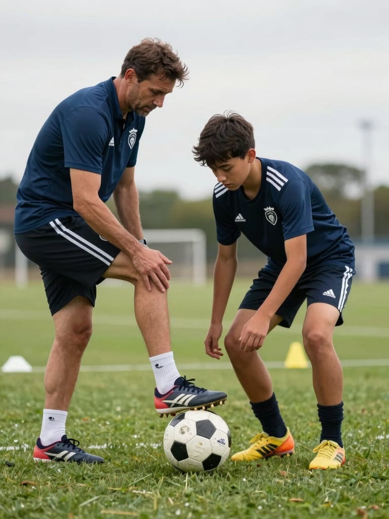 Medium shot of a coach crouching beside a young player on a grass training pitch, hands adjusting the player's foot position beside a soccer ball, natural overcast field light, training cones visible in the background