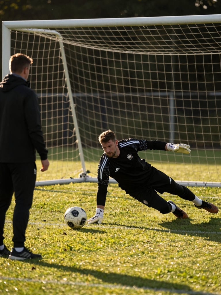 Medium shot from goal-mouth angle, a goalkeeper in full stretch making a low save on a grass training pitch, coach standing to the left observing form, natural golden-hour side light across the field surface, training ground documentary framing