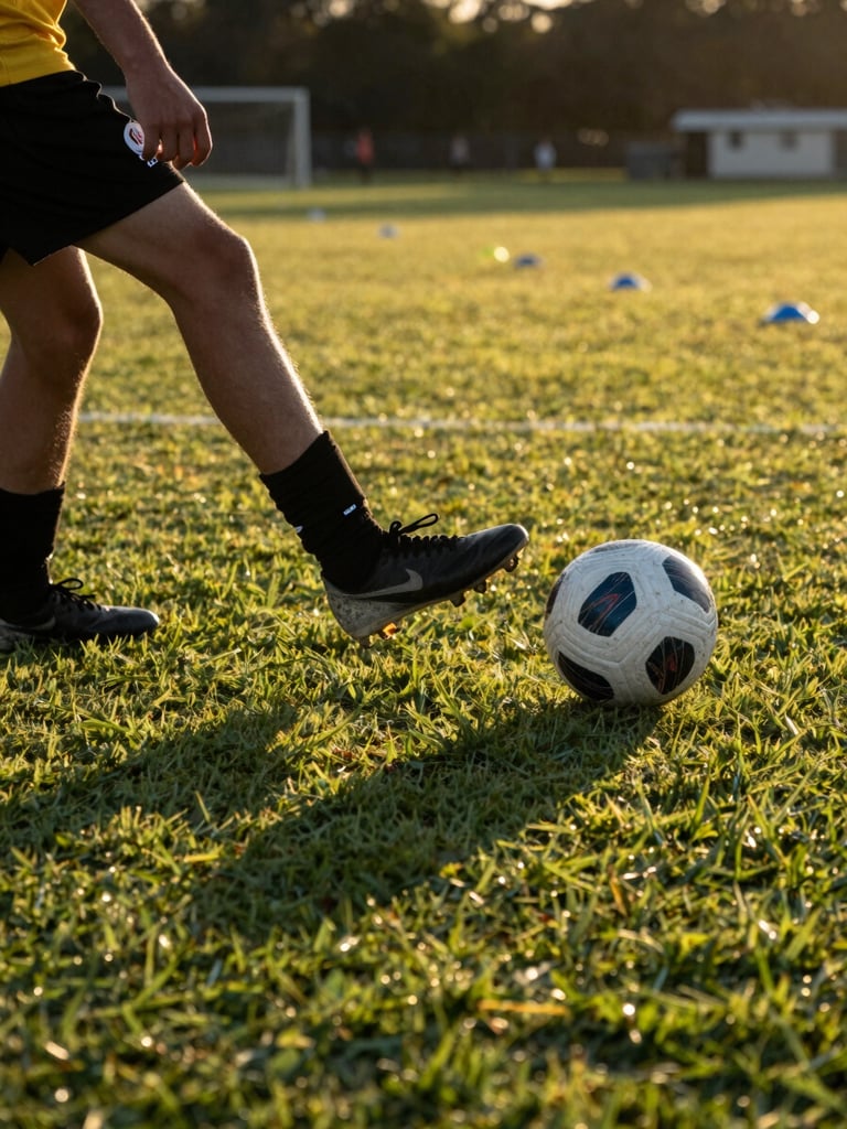 Field-level close frame, a young player's boot striking the ball on a grass training pitch at golden-hour side light, cone markers blurred in the background, natural late-afternoon Gold Coast field conditions, documentary framing with strong diagonal shadow across the turf