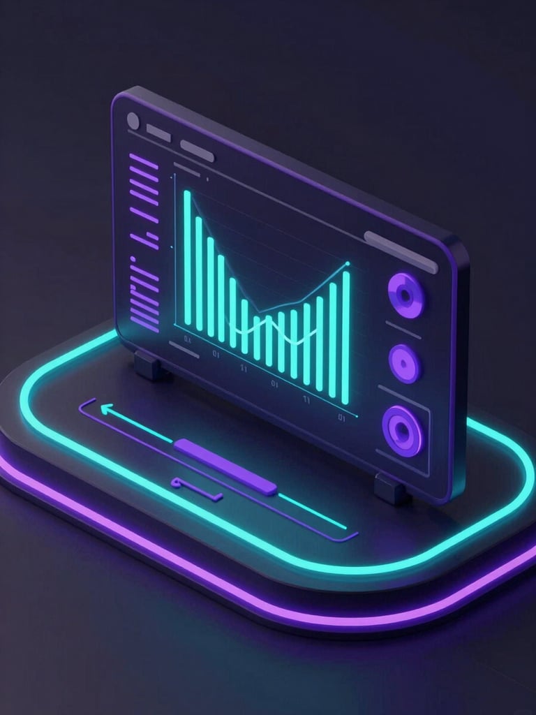 Sleek 3D render of a dark mode tech interface showing active neon teal data streams and violet telemetry graphs, isometric schematic framing