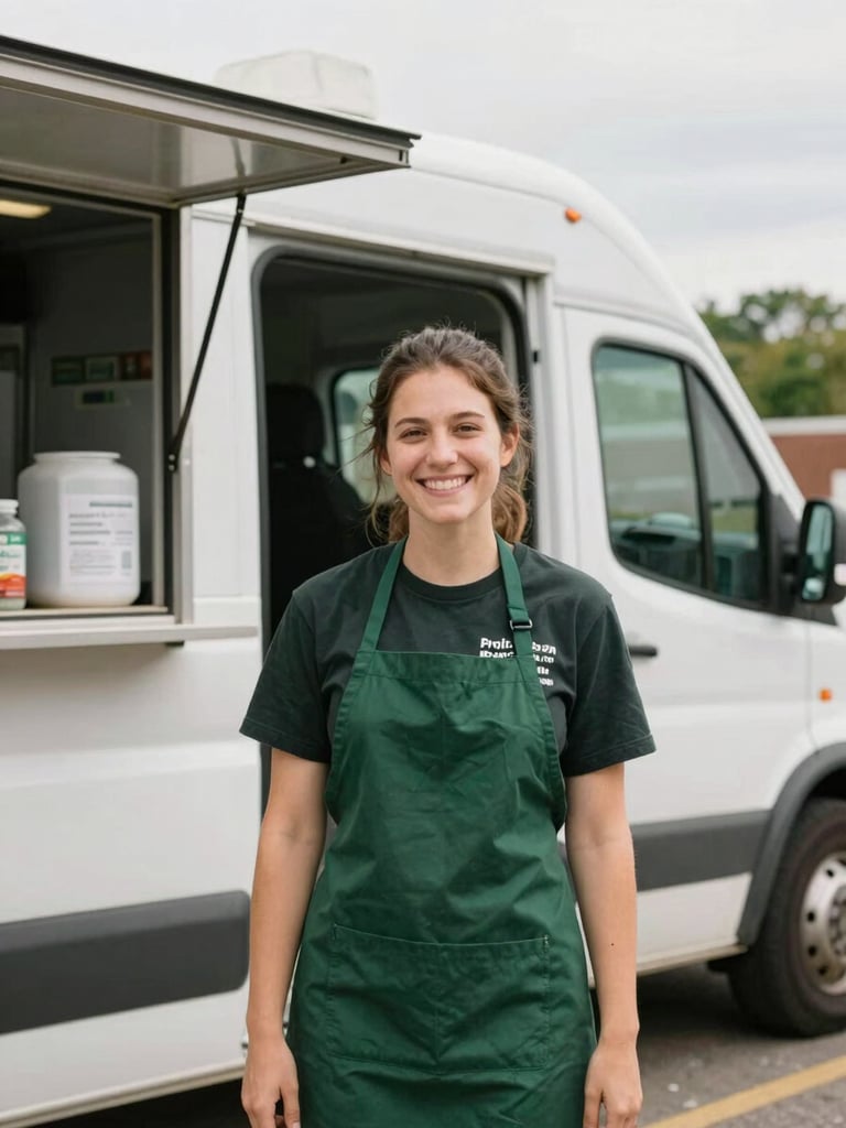 A smiling volunteer in a forest green apron standing outside a mobile food pantry van in Indianapolis, warm overcast daylight.