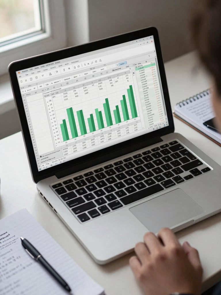 Overhead view of an open laptop showing a detailed Excel dashboard with green chart lines and formula cells, a spiral notebook with handwritten analysis notes beside it, soft natural window light from the left, organized desk surface