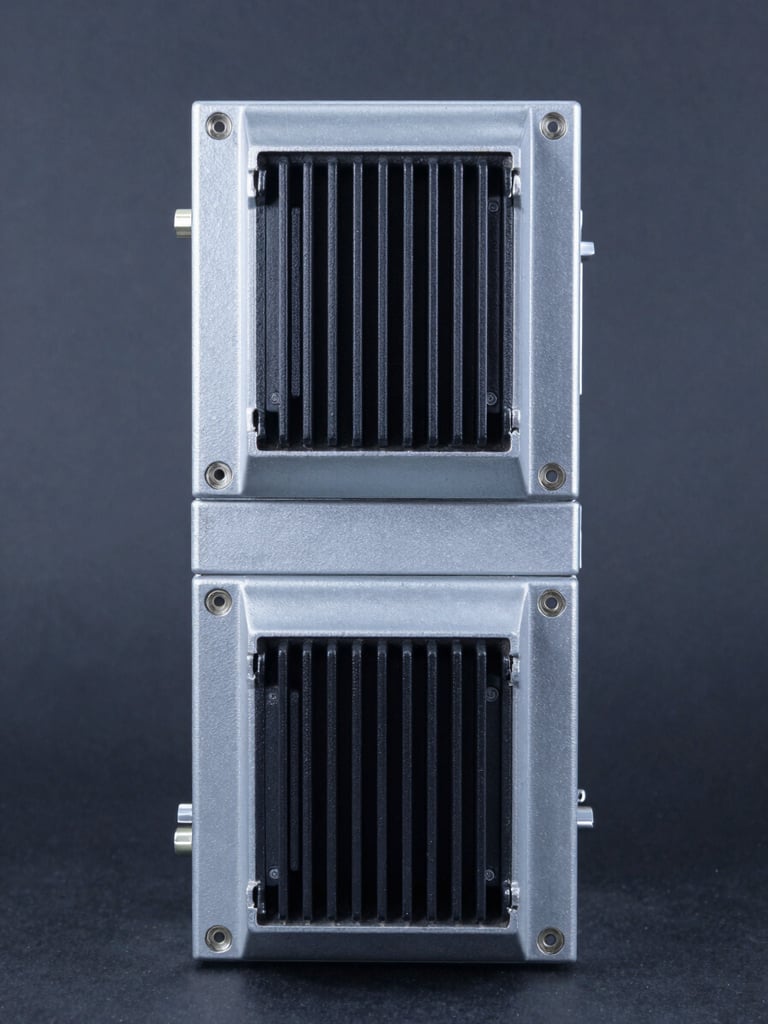 Straight-on technical studio shot of an industrial variable speed drive, clean charcoal background, sharp metallic reflections