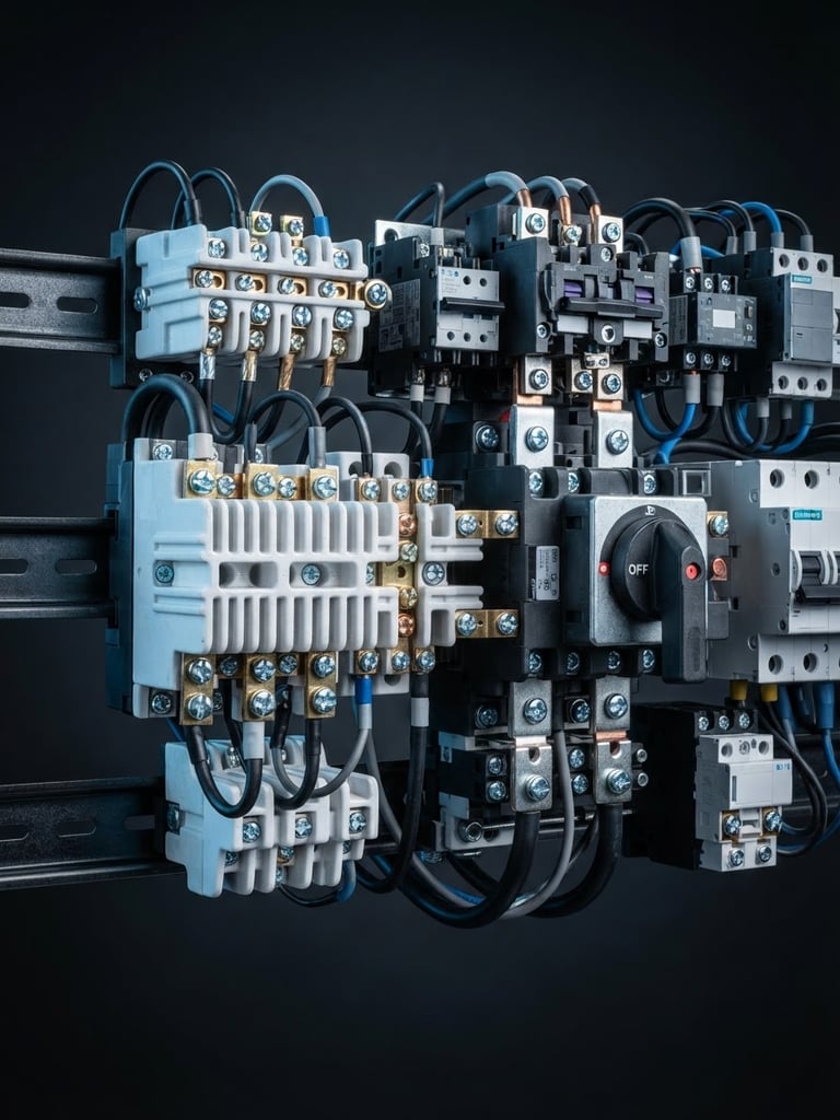 Straight-on technical studio shot of high-end industrial switchgear and porcelain terminal blocks, crisp lighting, deep charcoal background