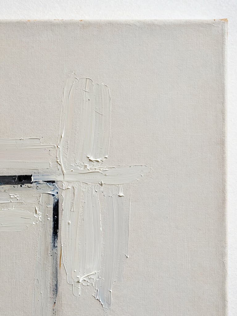 Detailed close-up of a contemporary abstract painting on canvas, showing thick impasto brushstrokes, fine fabric grain, and natural light catching the physical texture.