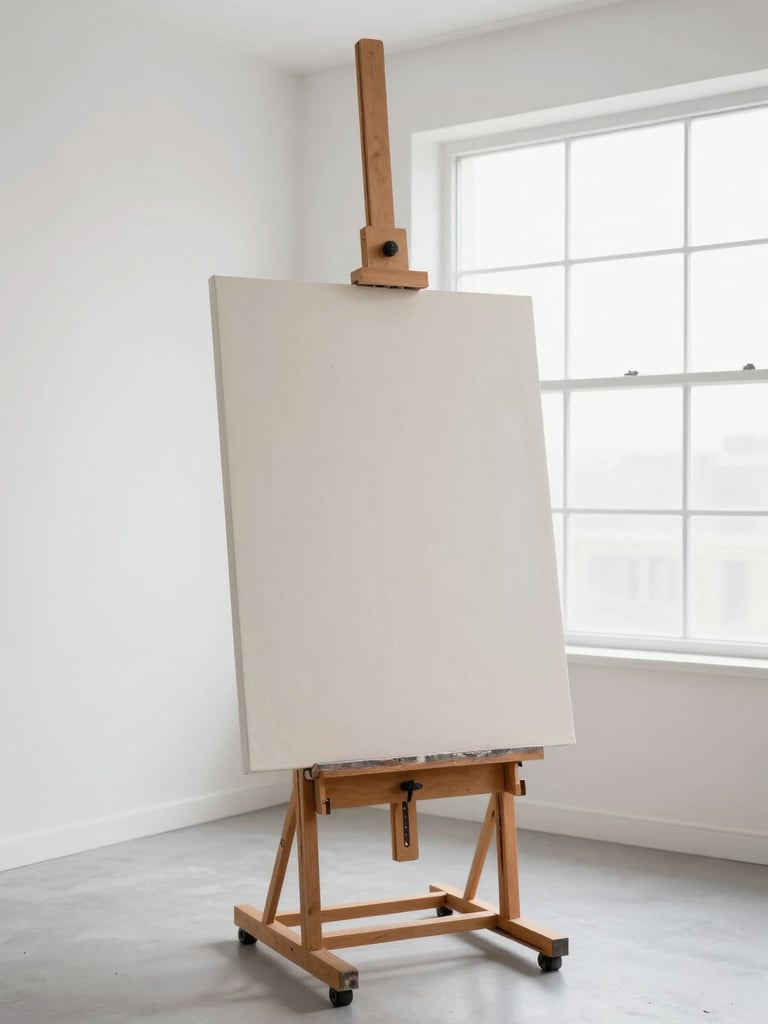 A minimalist, clean artist studio with white walls, natural diffused daylight from a large window, a large blank canvas resting on a wooden easel, neutral tones, 50mm lens