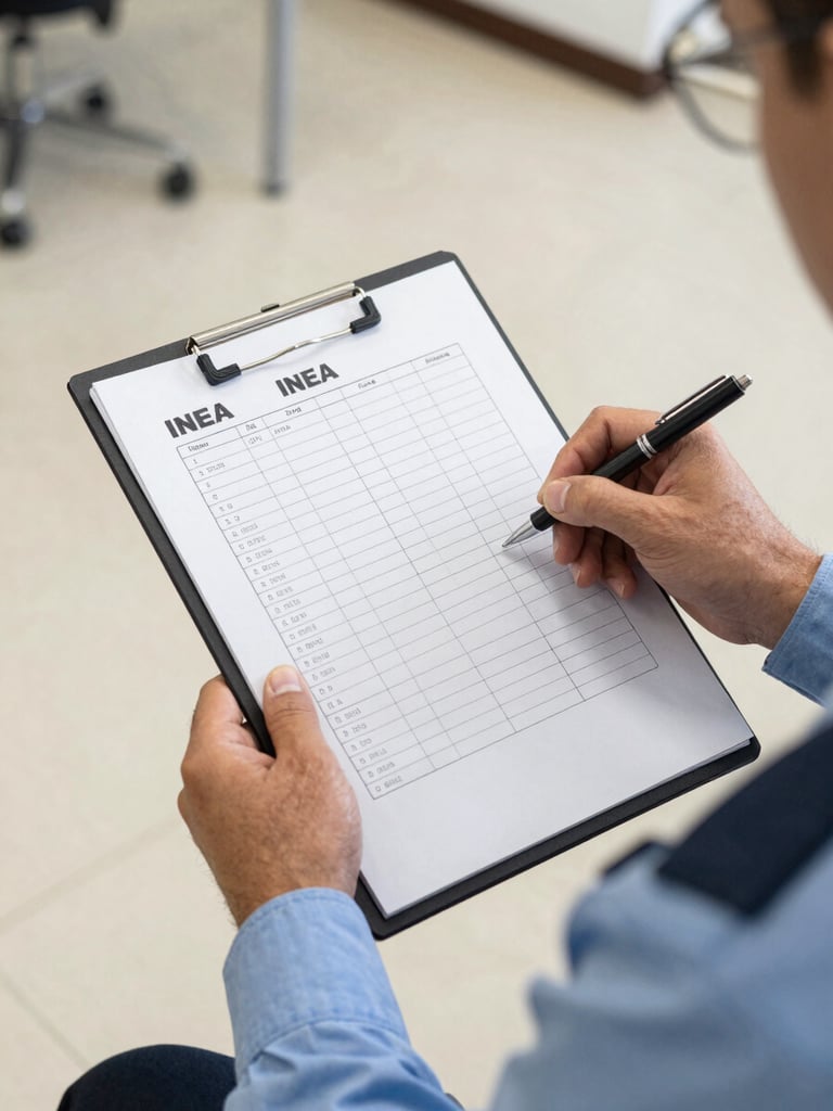 Close-up of a uniformed INEA technician's hands holding a quality-control clipboard with a completed inspection checklist on a clean office floor, neutral indoor daylight, documentation clearly visible, no faces