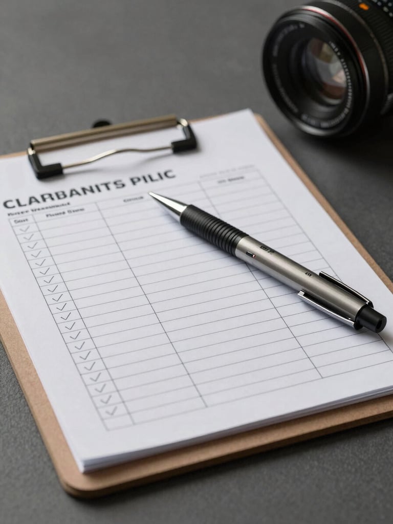 Close-up of a professional clipboard with a structured cleaning checklist, INEA-branded pen resting on the form, neutral studio lighting, sharp focus on the printed grid and handwritten checkmarks, anthracite surface below