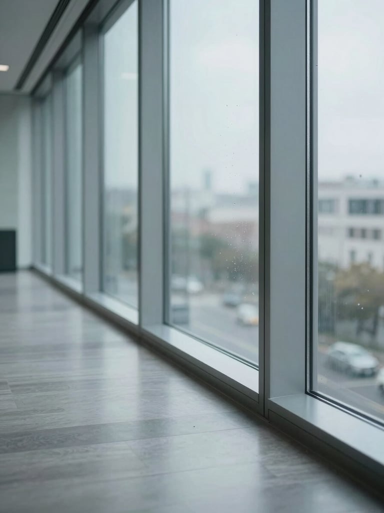 Close-up of a freshly cleaned floor-to-ceiling office window, right-side framing, water marks absent, glass surface catching cool neutral daylight, professional building interior visible softly reflected, no people present
