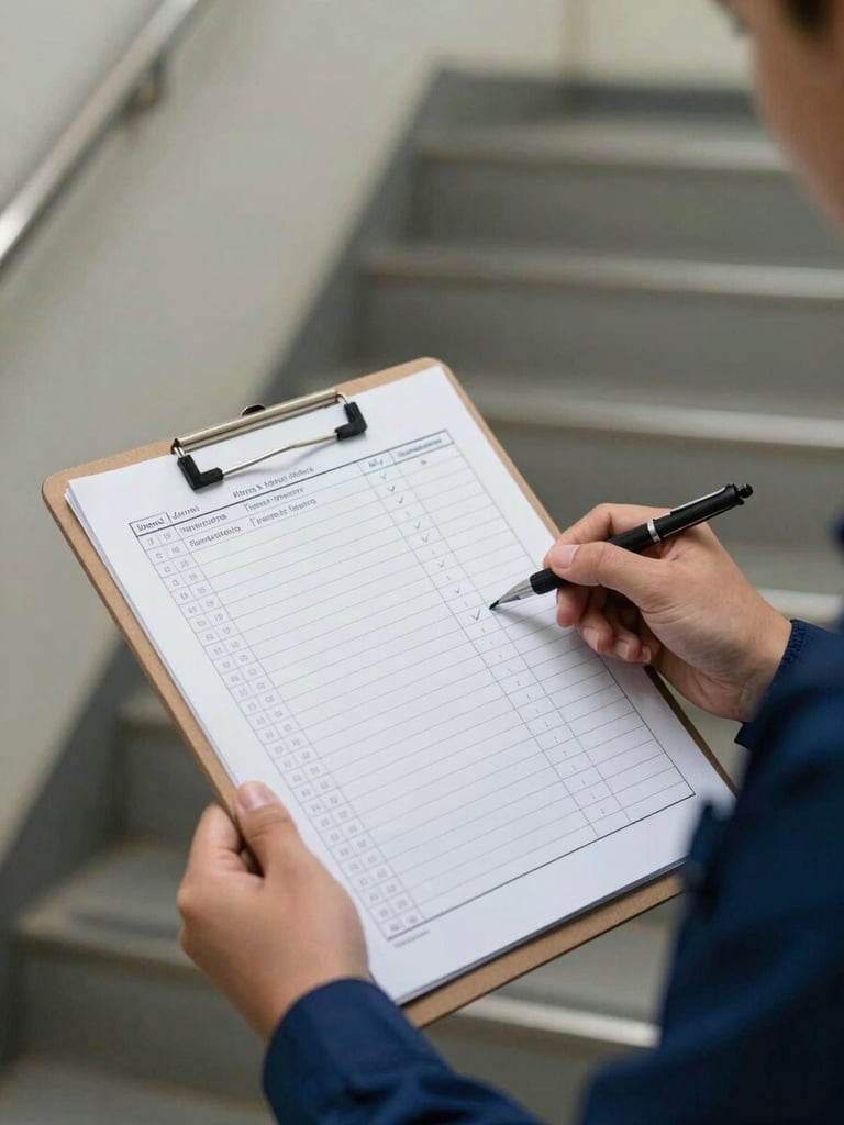 Close-up of a clipboard held by a uniformed worker in a stairwell, a structured cleaning checklist visible with handwritten timestamps and checkmarks, neutral indoor light, sharp detail on the form