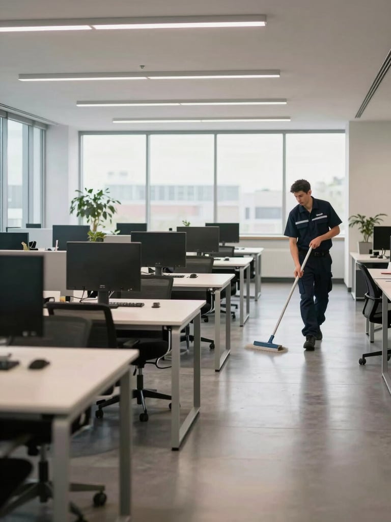 Wide interior shot of a modern open-plan office in Ingolstadt, a uniformed INEA worker in dark navy uniform mopping polished floors in the far right third, rows of clean empty desks receding into bright window light, neutral daylight, sharp environmental detail