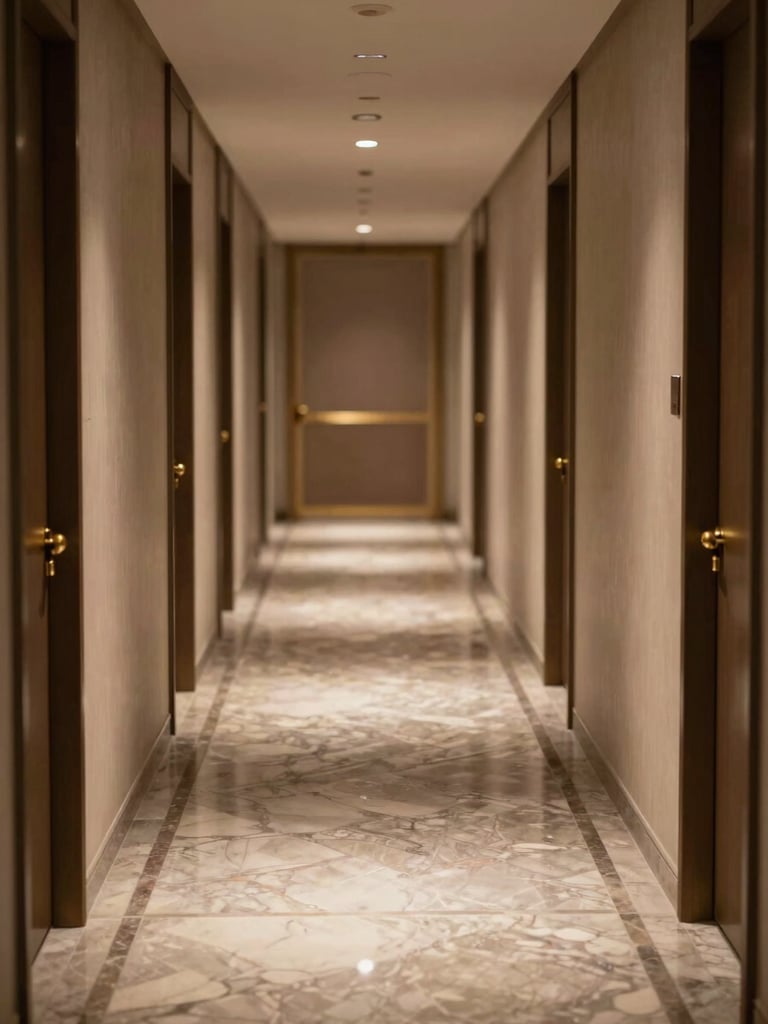 Vertical close-up of a premium hotel corridor at dusk, soft north-facing interior light illuminating polished marble floors and brass door hardware, empty hallway receding into warm shadow, architectural symmetry emphasised, no people