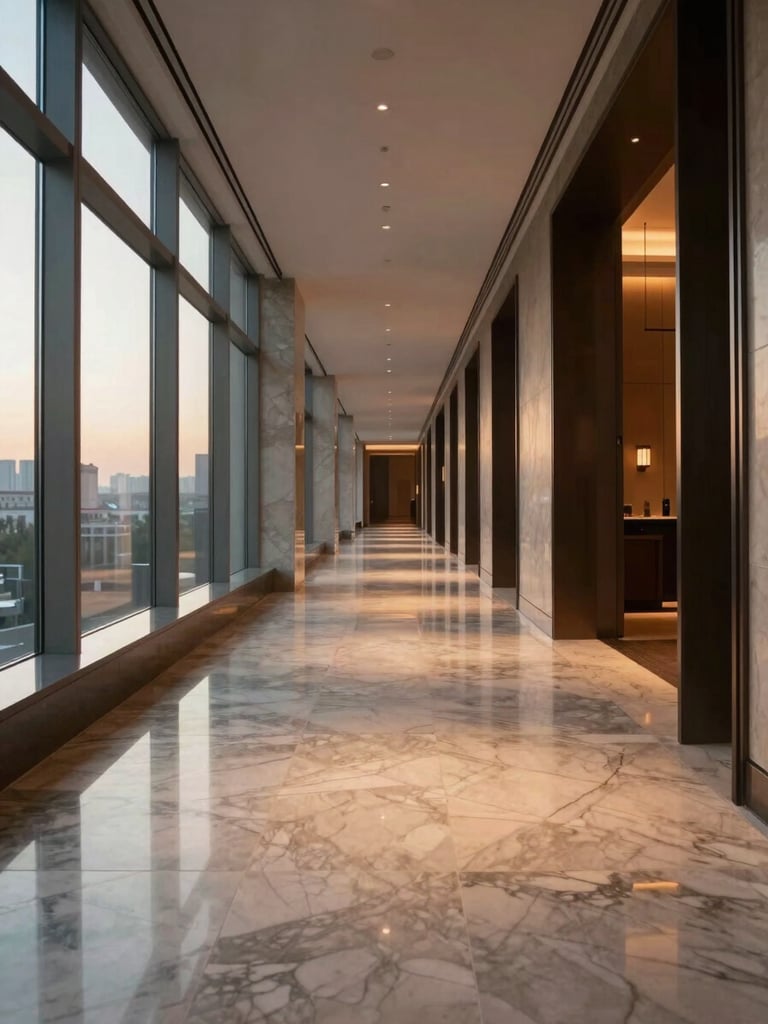 Interior corridor of a premium hotel shot at dawn from a low angle, soft north light filtering through tall windows onto polished marble floors, empty hallway receding to a vanishing point, architectural lines sharp, warm ambient glow, no people