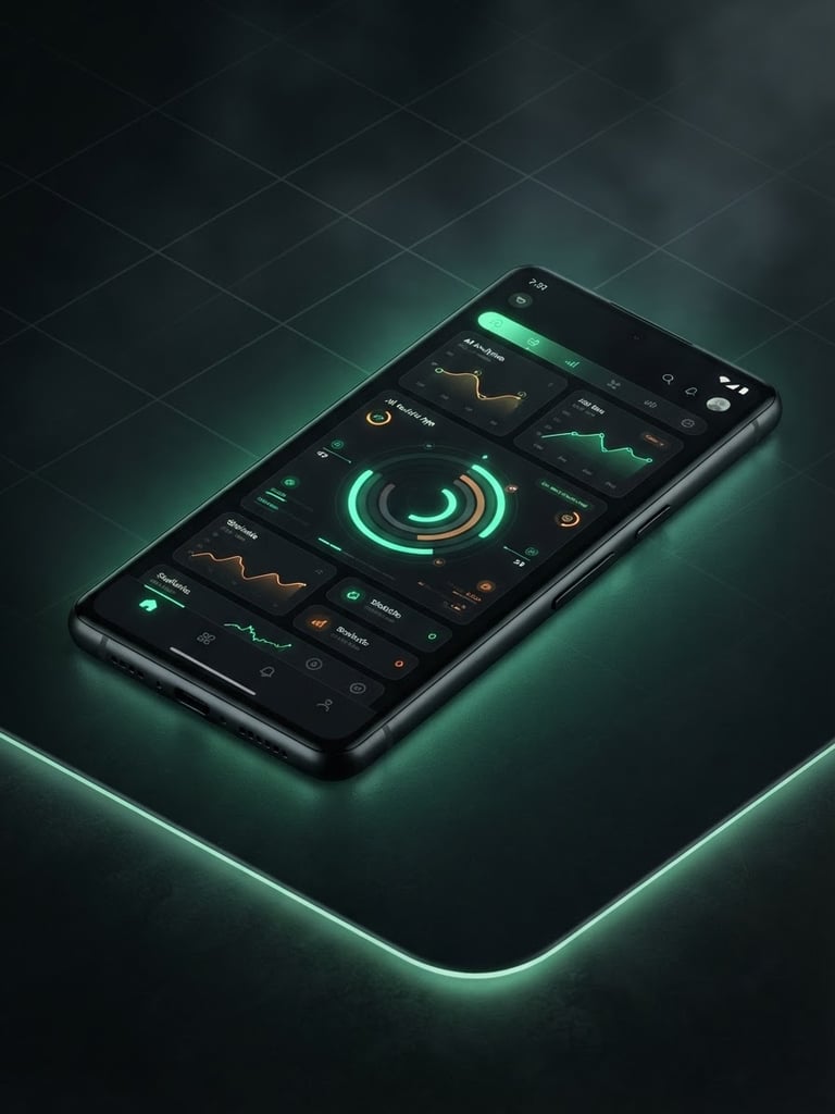Isometric product render, moody low-key studio lighting with vibrant neon green screen glow, a high-fidelity dark-mode Android device mockup showing a sleek active app interface, dark background with subtle vector grid lines