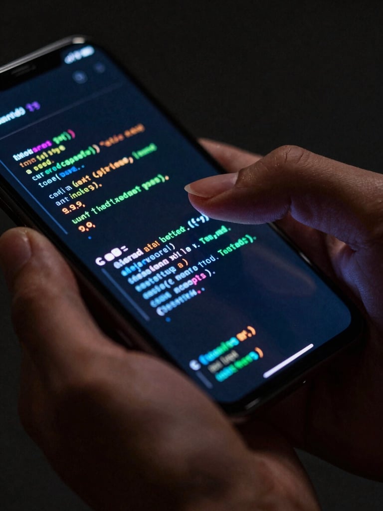 Sleek close-up, vibrant screen glow casting onto fingers, physical hands interacting with a modern Android phone displaying code-like vector graphics, dark-mode aesthetic, sharp macro lens detail