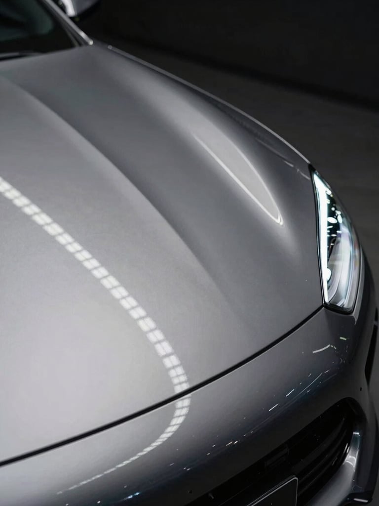 Macro shot of linear overhead LED strip reflections on a flawless metallic car body panel, showcasing perfect curves and laser-straight alignment, dark high-contrast studio lighting.