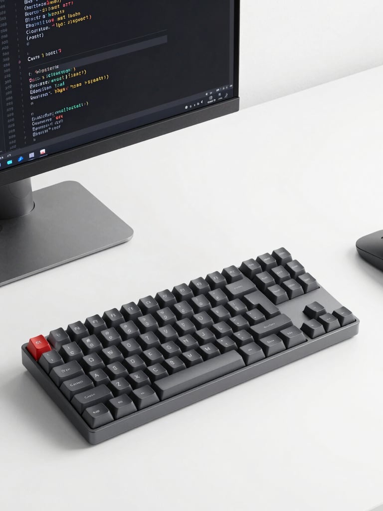 Crisp studio light, clean overhead desk setup with a mechanical keyboard and a monitor displaying elegant HTML and CSS code, minimal charcoal aesthetic.