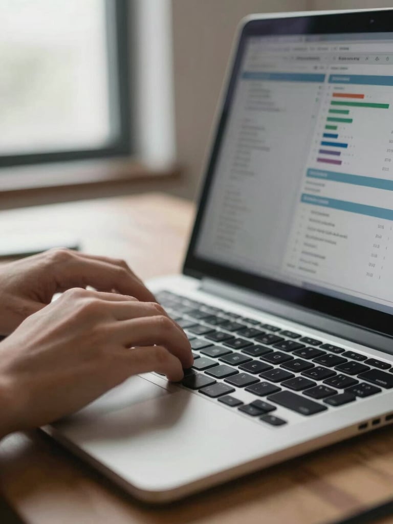Close-up of hands typing on a laptop keyboard in a small business office, natural window light from the left, a half-visible analytics dashboard on screen