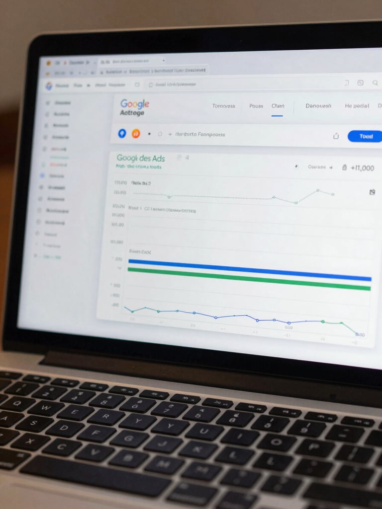 Close-up of a laptop screen showing a Google Ads or analytics dashboard with conversion metrics and spend graphs, clean studio lighting, no reflections