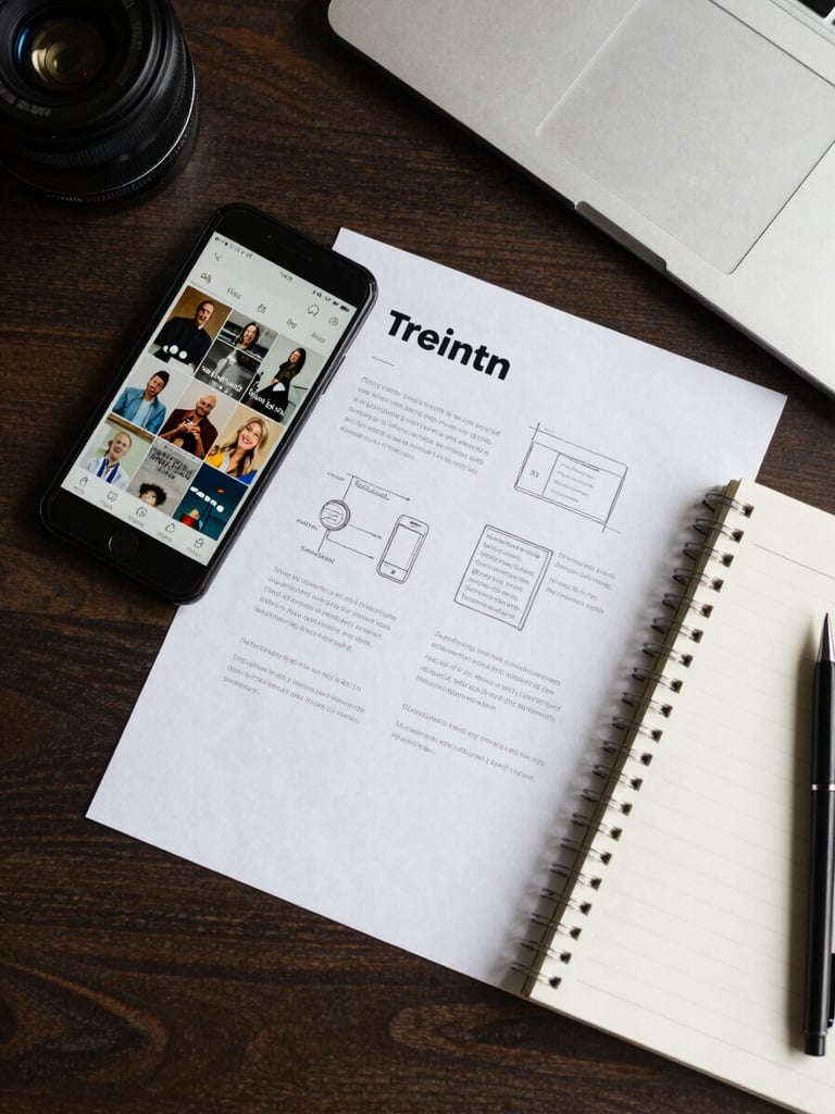 Overhead flat-lay of a desk with a phone showing social media graphics, a printed brand sheet, and a notepad with sketched layout ideas, clean daylight from above