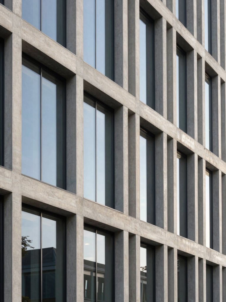 Sober minimalist architectural detail of a modern office facade in Wiesbaden, clean geometric concrete lines, structured glass panels, soft diffused morning light, vertical composition.