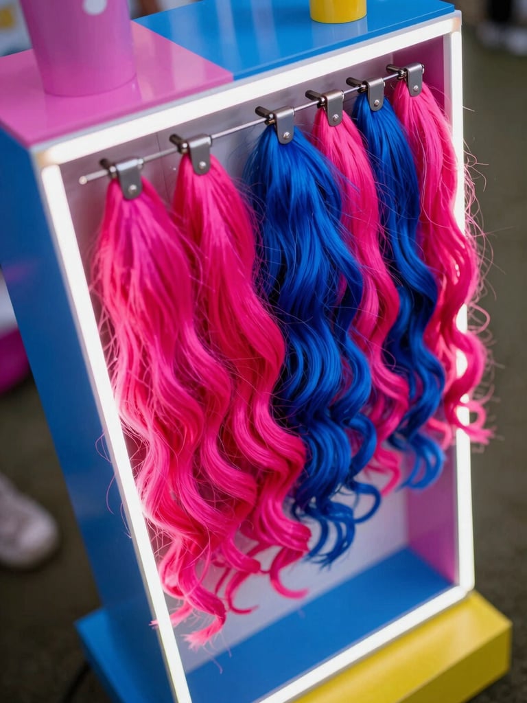 High-angle shot of a colorful JALEII stand setup with neon hair extensions, bright party lighting, 35mm lens
