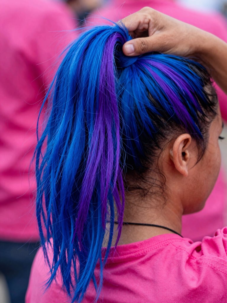Hands styling a colorful ponytail with bright blue and purple Kanekalon fibers, dynamic flash lighting, high-contrast details
