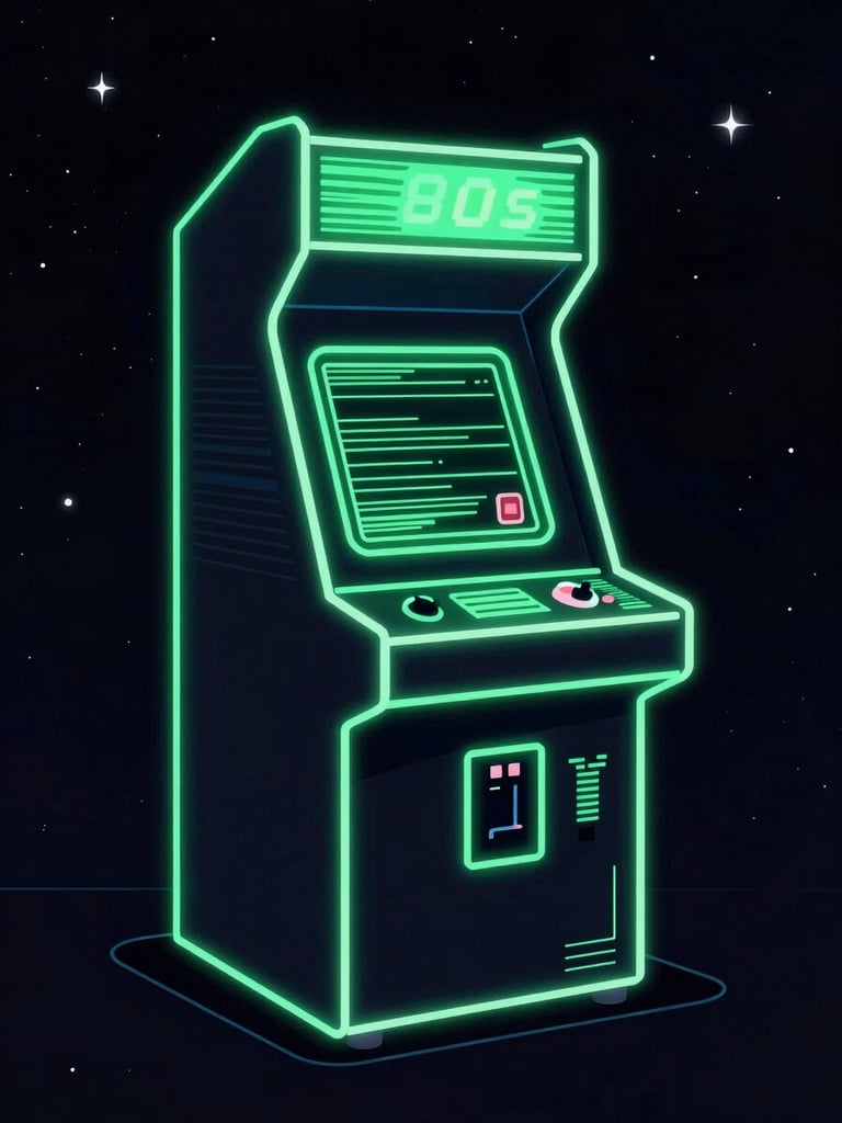 Vector line illustration of a classic 80s arcade cabinet glowing with neon green outlines against a deep space starfield, high-contrast neon luminescence, dark synthwave aesthetic, subtle CRT scanlines
