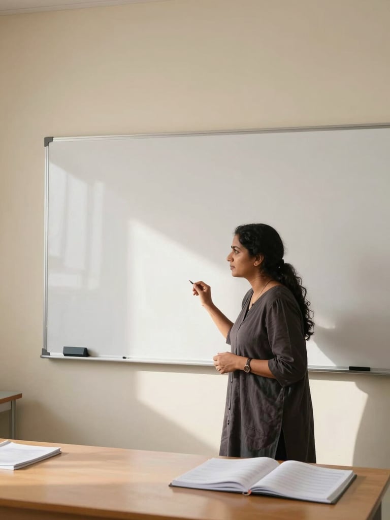 Environmental wide shot, natural north-facing daylight, Shyamala mid-gesture at a whiteboard in a warm minimal teaching room, open notebooks on the table, soft cream walls, subject occupies the right two-thirds of the frame, generous negative space to the left