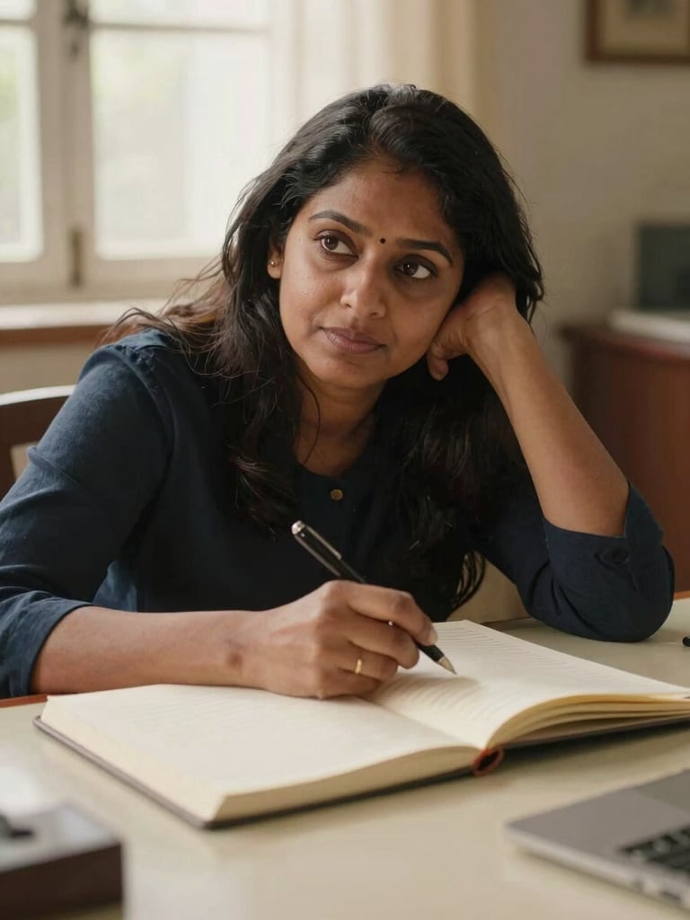 Close portrait of Shyamala's hands resting on an open notebook, pen poised mid-thought, warm north-facing window light, cream desk surface, editorial stillness
