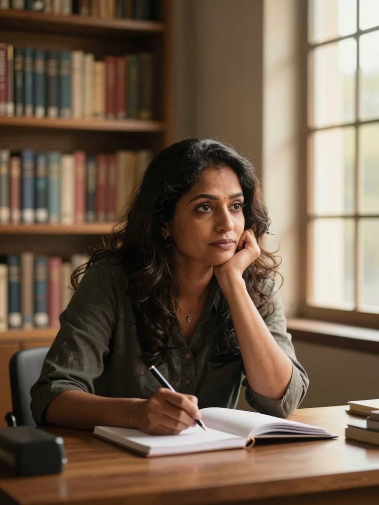 Environmental portrait of Shyamala seated at a wooden desk, leaning forward in thought over an open notebook, warm golden-hour light through a tall window to her right, bookshelves softly out of focus behind her