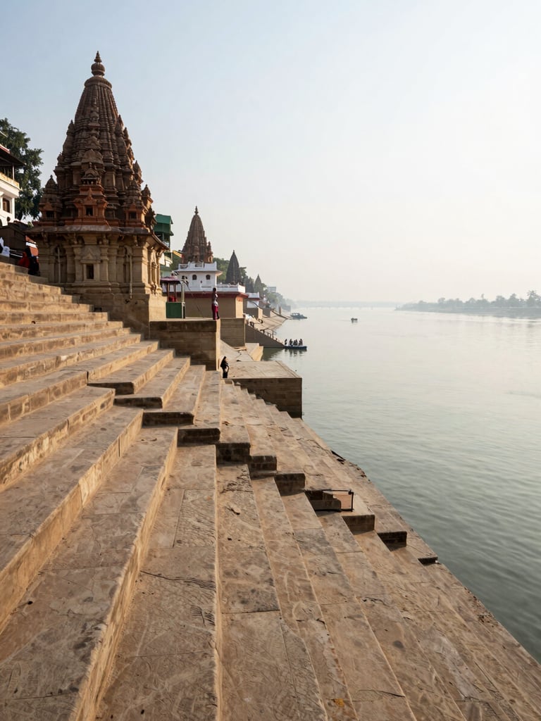 Close wide shot of ancient ghat steps descending into the Ganga, worn river-stone texture in the foreground, a distant line of temple spires along the far bank, diffused morning light, no people — only the architecture of devotion meeting water