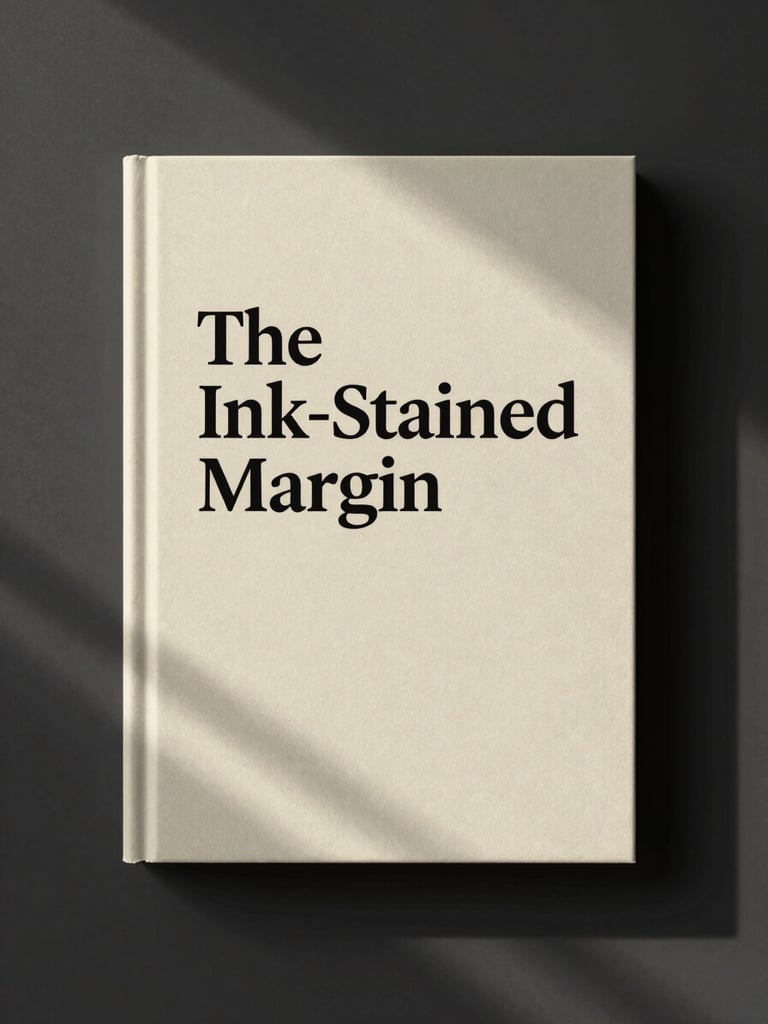 Straight-on physical book mockup of 'The Ink-Stained Margin', showing a heavy cream spine and textured cover, soft window shadows.