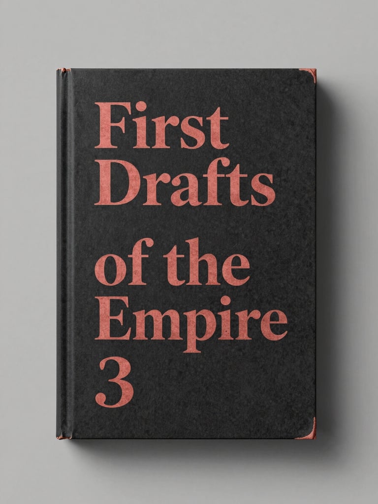 Straight-on physical book mockup of 'First Drafts of the Empire', showing a dark charcoal cover with dusty cadmium red ink accents.