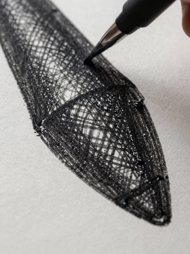 Macro close-up of heavy-grain sketch paper with rich black ink pooling in a hand-drawn crosshatch pattern, soft side lighting.
