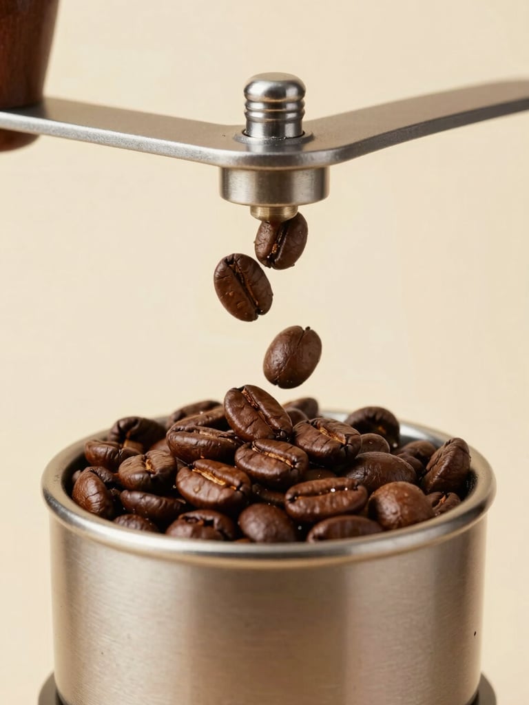 Close-up of roasted premium coffee beans being poured into a high-end grinder, warm metallic tones, soft studio lighting, minimalist background
