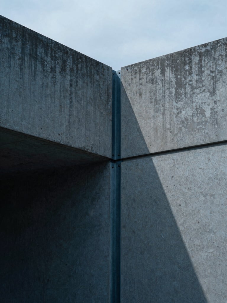 Extreme close-up of cast concrete textures and steel joints, sharp geometric shadows, cool northern European overcast daylight, minimalist architectural composition.