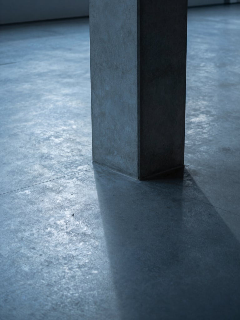 Portrait shot of a single concrete column casting a long shadow across a polished gallery floor, cold blue hour light, minimal composition.