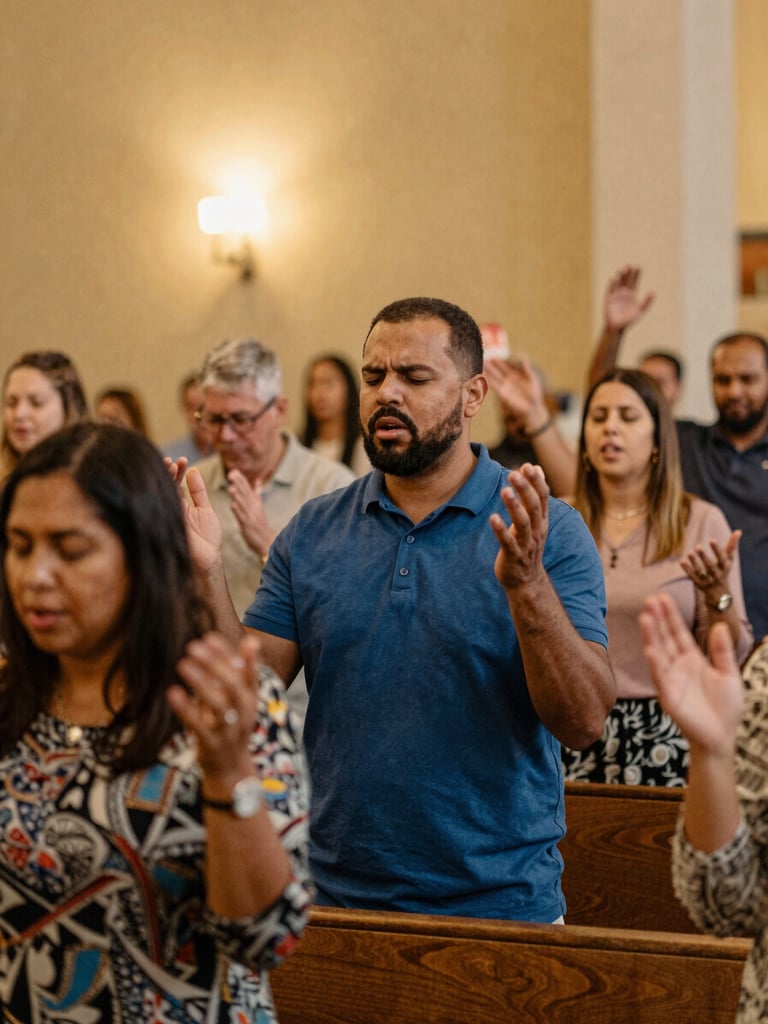 A warm, golden-lit sanctuary with a diverse congregation raising hands in passionate worship, 35mm photography, soft focus