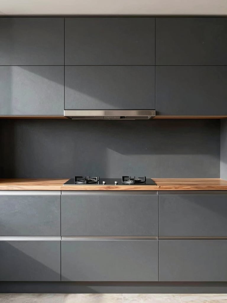 Straight-on eye-level architectural elevation of a sleek modular kitchen with dark slate grey cabinets, brushed metallic aluminum joints, and warm walnut accents under bright natural daylight.