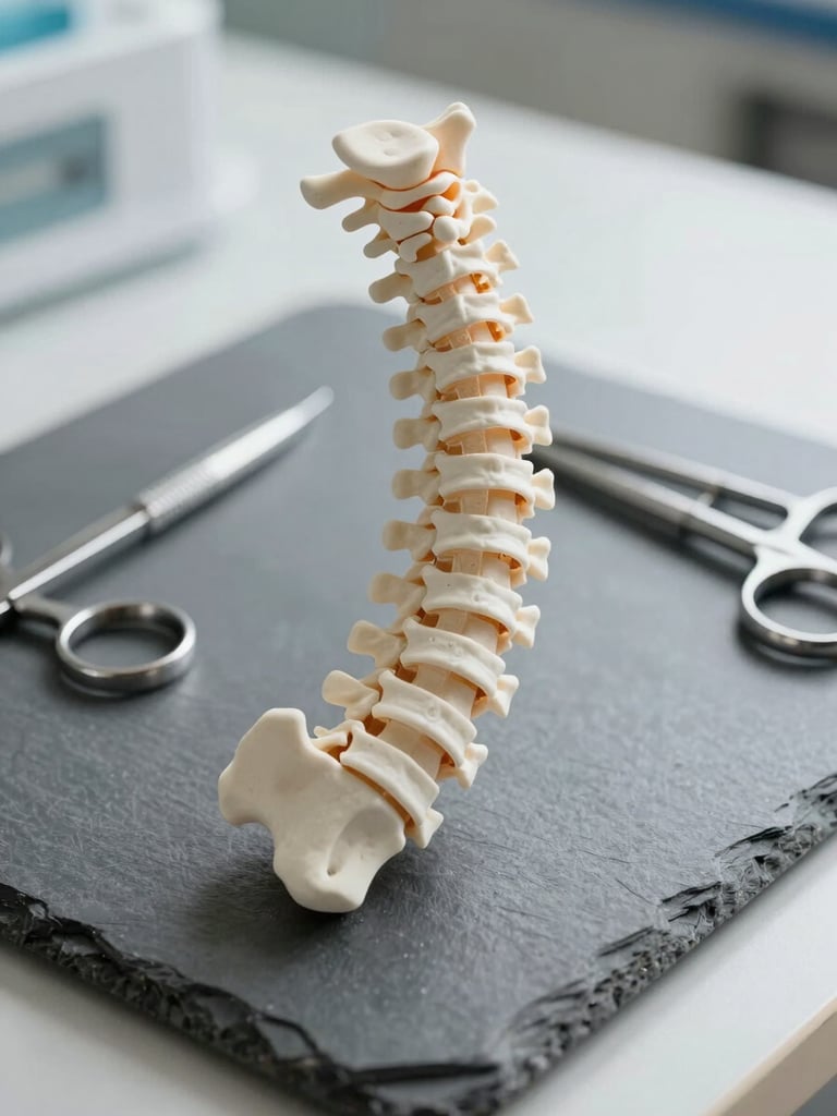 Macro close-up of a structural spinal column model and precise surgical instruments on a slate grey table, soft clinical daylight.