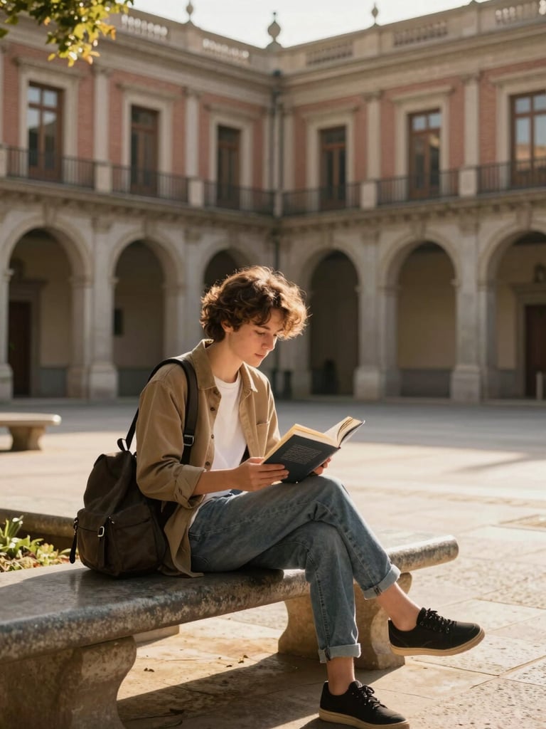 Candid environmental shot of a young international student reading a book on a sun-drenched stone bench in a historic Madrid university courtyard, warm golden-hour light, soft shadows.