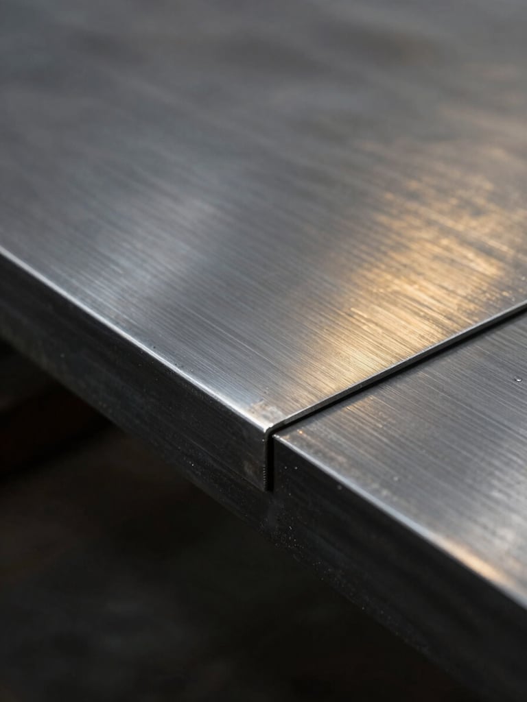 Macro photograph of clean cut edge on a thick stainless steel sheet, showing no dross or burrs, industrial workshop lighting, sharp focus