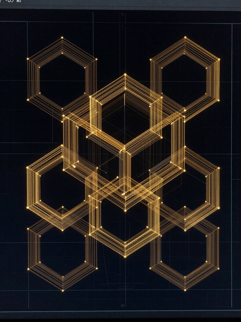 Top-down view of a complex nested vector layout on a computer screen, showing geometric lattice parts tightly packed to minimize waste, glowing golden vector lines on a dark blueprint background.